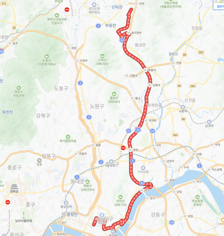 서울-의정부-P9404(퇴근)번-버스-노선-지도