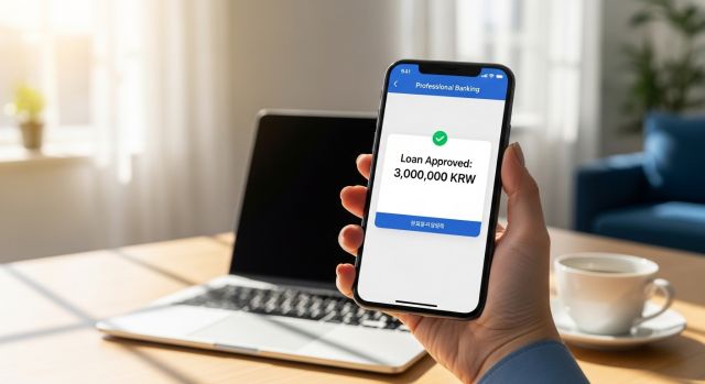 2026년 최신 스마트폰 뱅킹 앱을 통해 비상금 대출 승인 확인을 하는 모습
