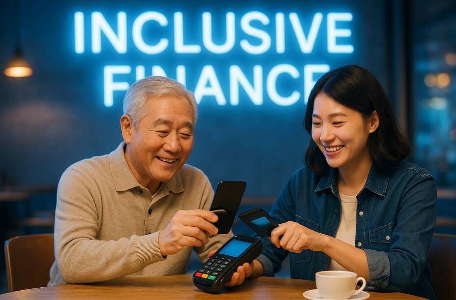 CBDC가 실현하는 포용 금융과 세대 간 디지털 연결을 상징하는 장면