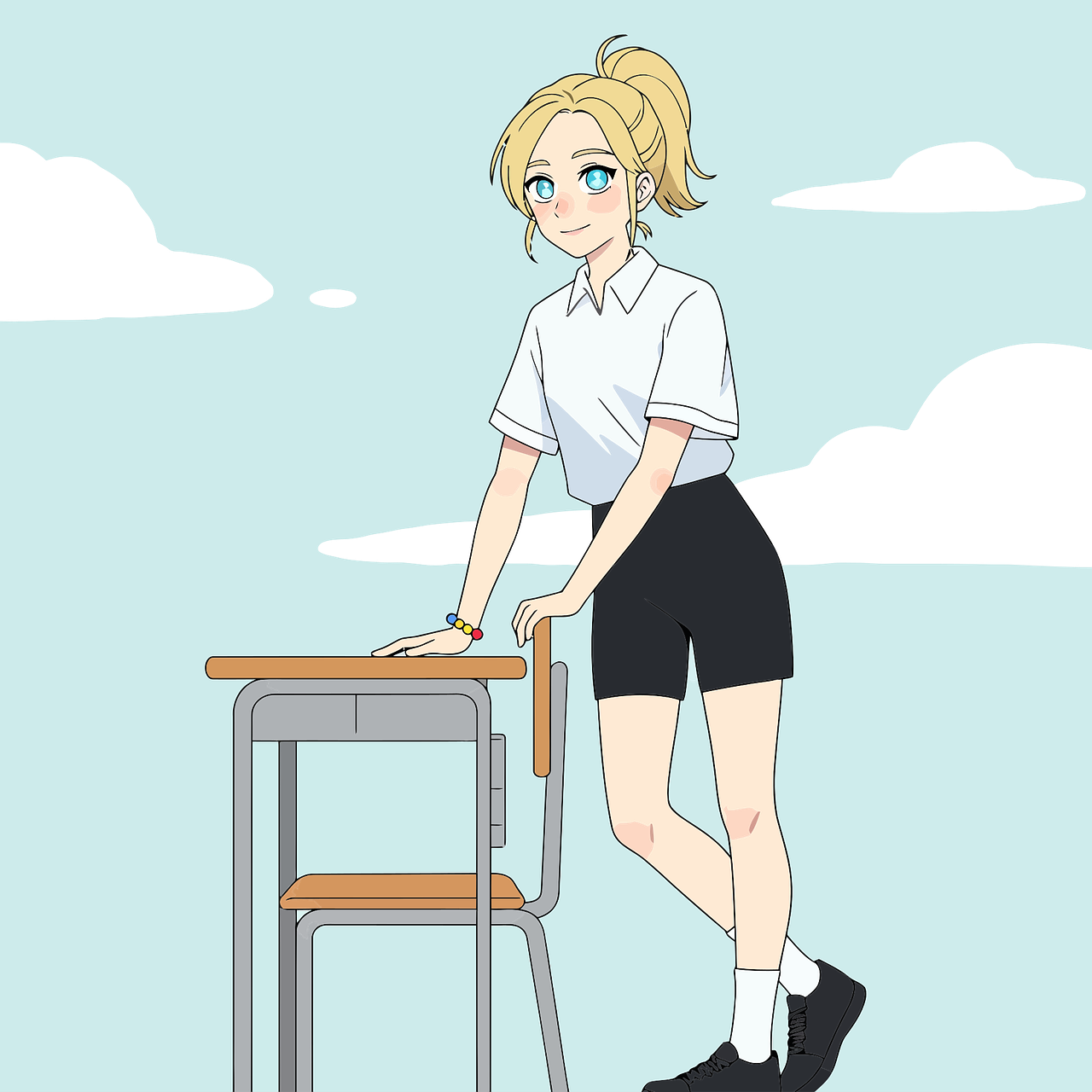 책상옆 금발의 묶은 머리를 한 소녀