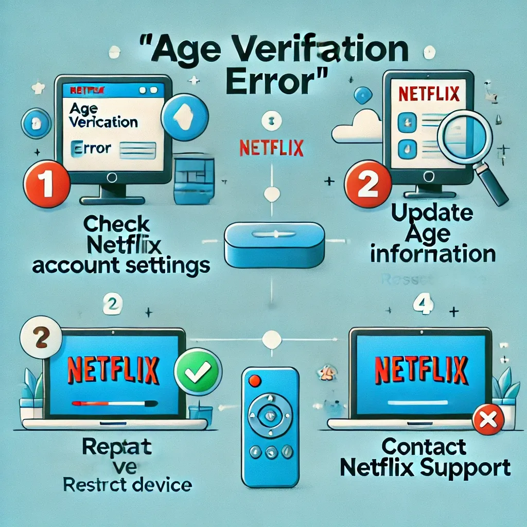 넷플릭스 연령 인증 오류를 해결하는 단계별 방법을 나타낸 인포그래픽.