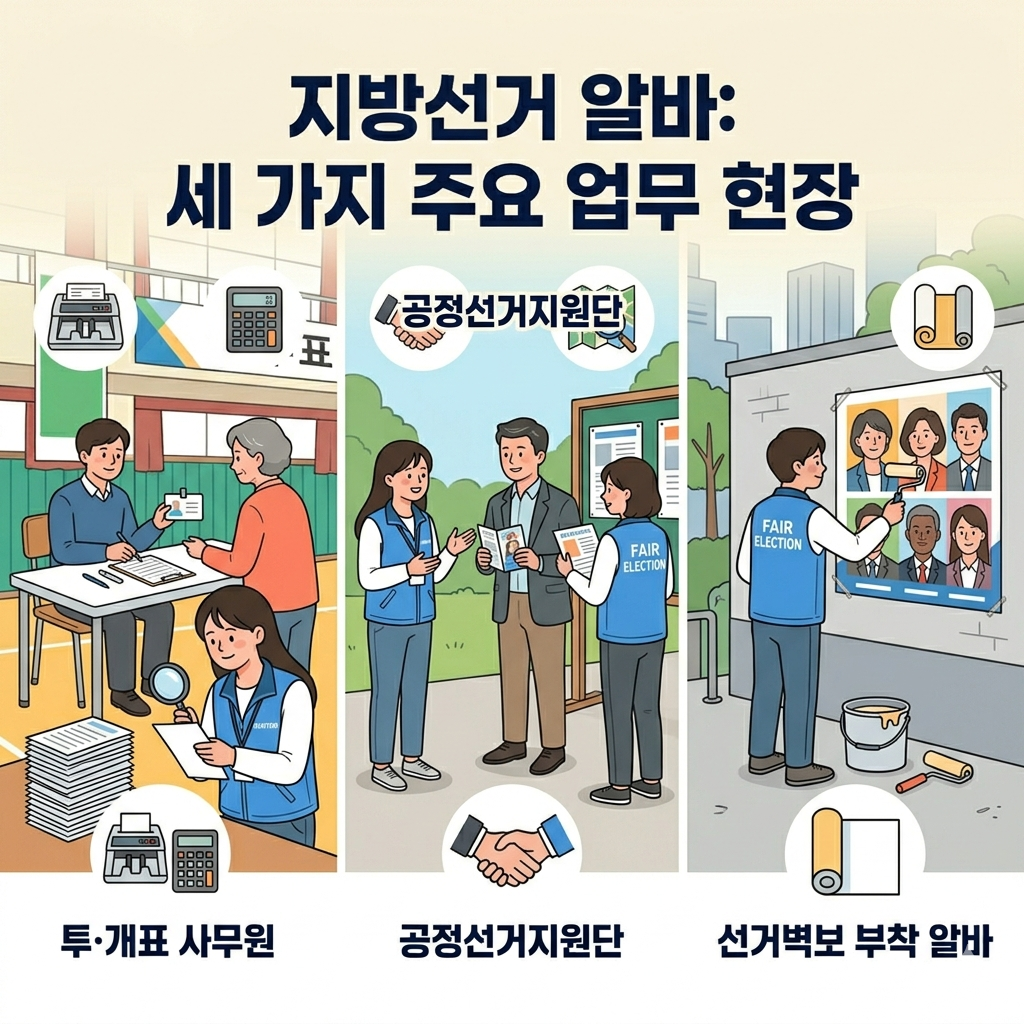 지방선거 알바의 세 가지 주요 업무를 설명하는 세 개의 패널로 구성된 인포그래픽 일러스트. 상단 제목은 '지방선거 알바: 세 가지 주요 업무 현장'이다. 왼쪽 패널은 '투·개표 사무원'으로 신분증 확인과 투표용지 교부, 개표 모습을, 가운데 패널은 '공정선거지원단'으로 선거운동원 확인 및 감시 활동을, 오른쪽 패널은 '선거벽보 부착 알바'로 지정된 벽에 선거 벽보를 붙이는 모습을 직관적인 아이콘과 함께 보여준다.