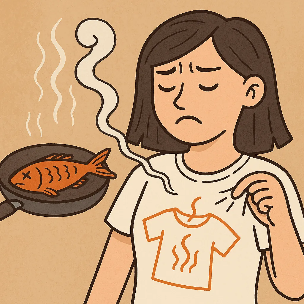 생선-요리-중-음식냄새가-옷에-배어-불쾌해하는-여성과-향기가-셔츠에-스며드는-모습을-표현한-일러스트