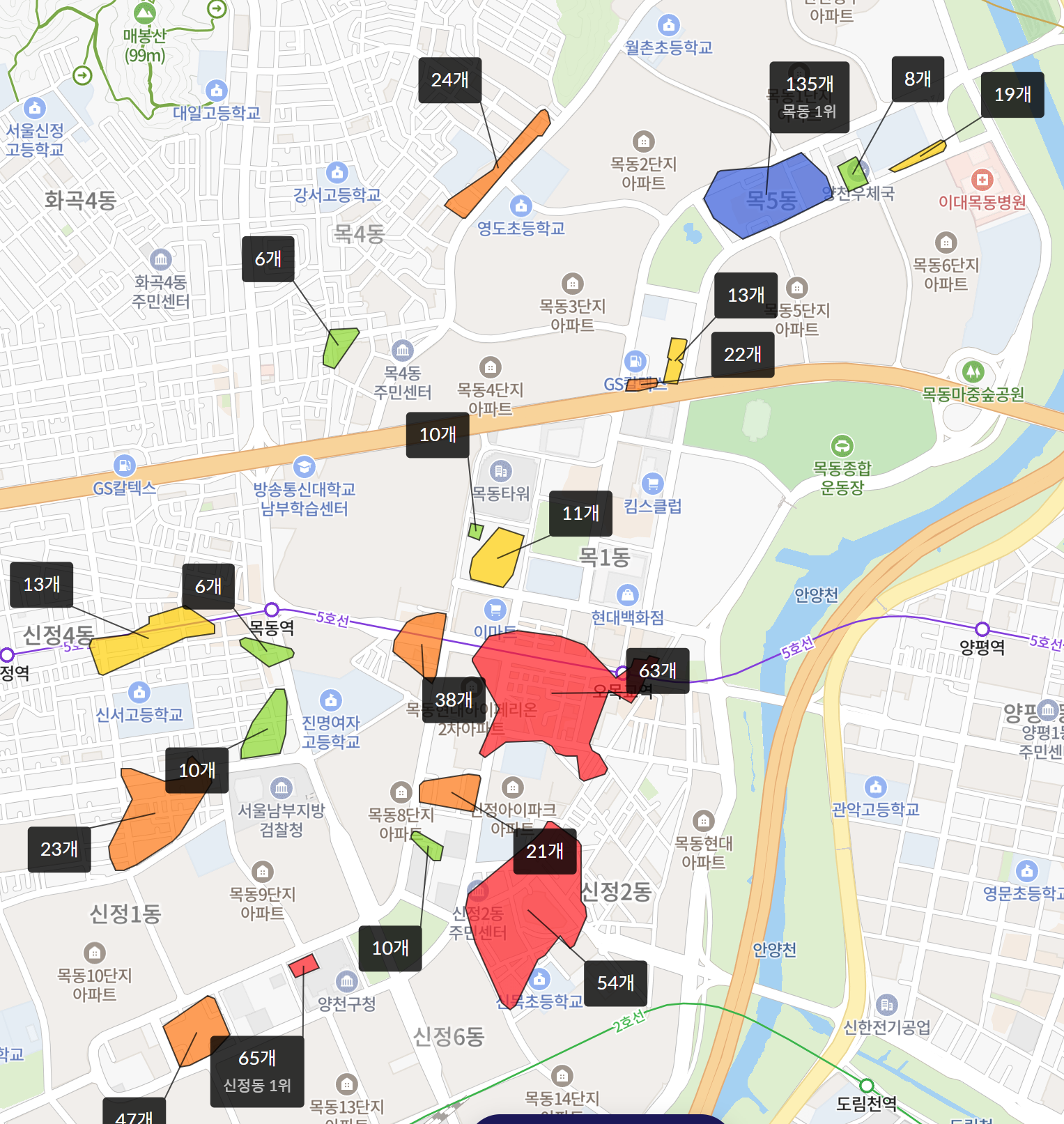 호갱노노 목동 지역 학군 정보 확인 결과