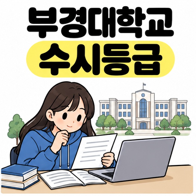 부경대학교 수시등급 제목 아래 학생이 대학 건물 그림 앞에서 노트북과 종이 입학 자료를 살펴보는 모습