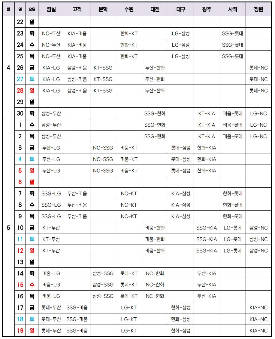 2024 KBO 프로야구 전구단 개막 경기일정표