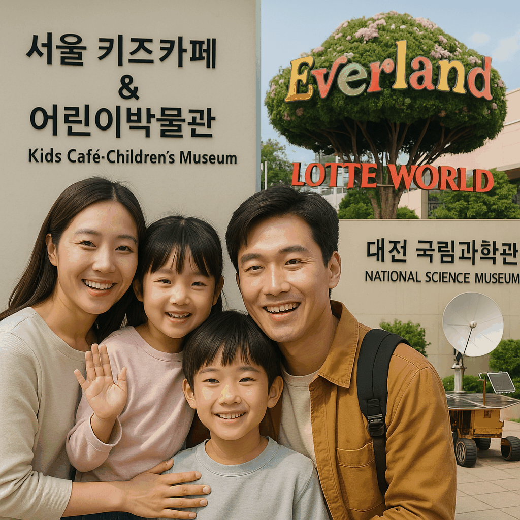 한국 가족이 서울과 대전의 대표적인 가족 여행지를 배경으로 환하게 웃으며 기념사진을 찍고 있는 모습