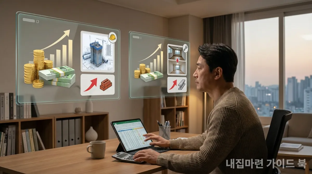 재건축과 리모델링의 평당 공사비와 분담금 상승을 보여주는 재무 그래프와 고민하는 한국인 투자자