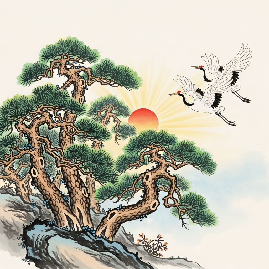 소나무 위로 날아오르는 학(鶴