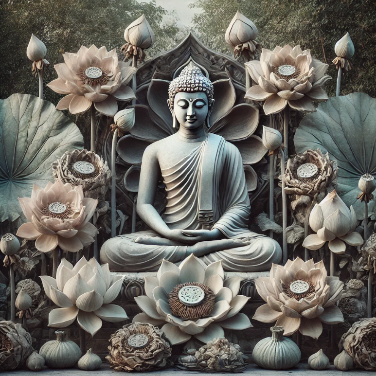 붓다가 명상하는 모습과 함께, 주변에 피었다가 지는 연꽃이 있는 장면. 삶과 죽음의 순환을 표현하는 분위기