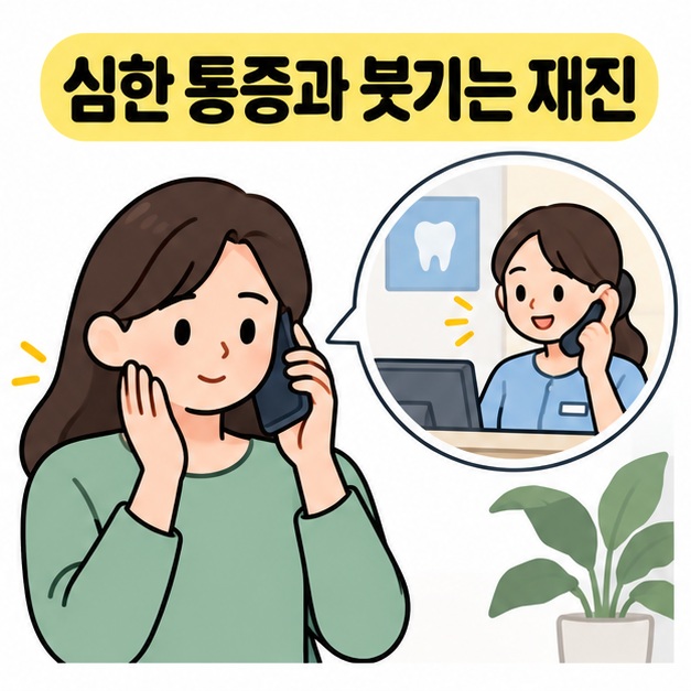 심한 통증과 붓기는 재진이라는 문구 아래 볼에 손을 댄 환자가 전화로 치과 직원에게 문의하는 그림