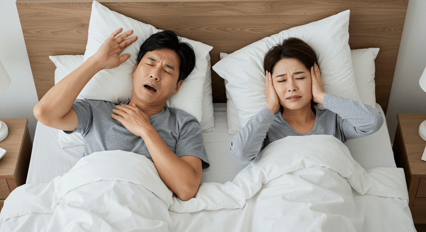 코고는 남편 옆에 괴로워하는 부인