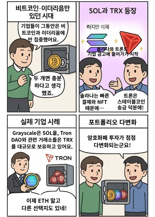 4컷 만화: 비트코인, 이더리움에 이어 솔라나(SOL), 트론(TRX)까지 기업 금고에 포함되며 암호화폐 투자 포트폴리오 다변화