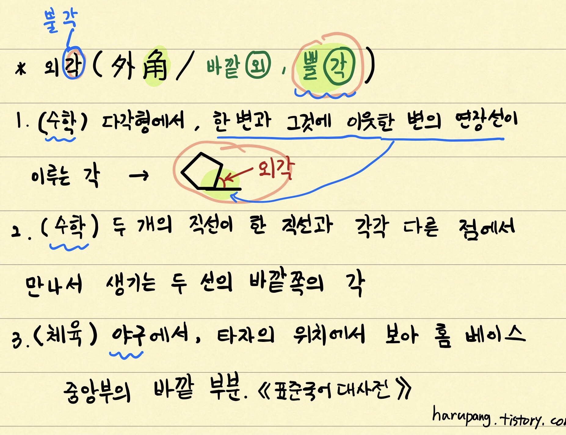 '외각' 의 한자의 뜻과 국어사전 의미
