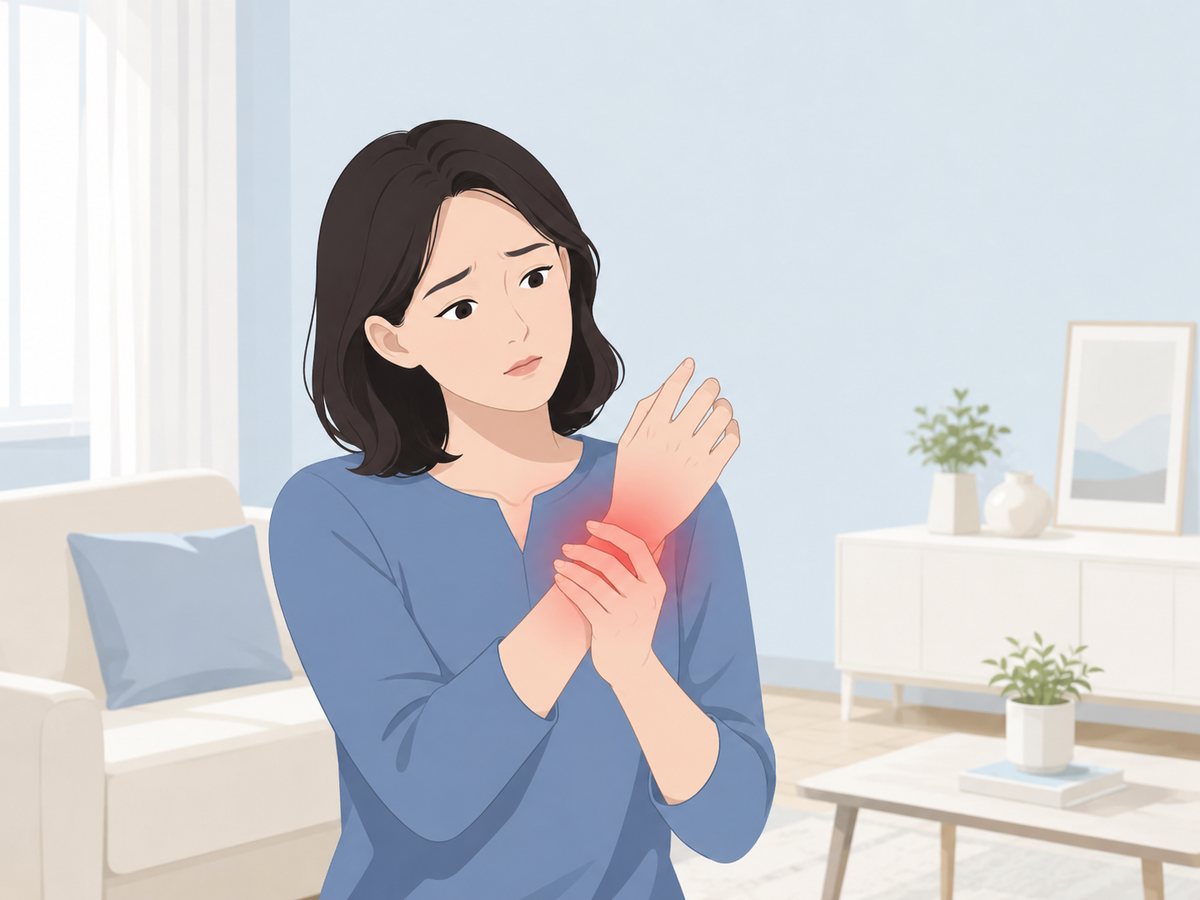 거실에 선 여성이 붉게 표시된 손목 통증 부위를 다른 손으로 감싸 쥔 모습