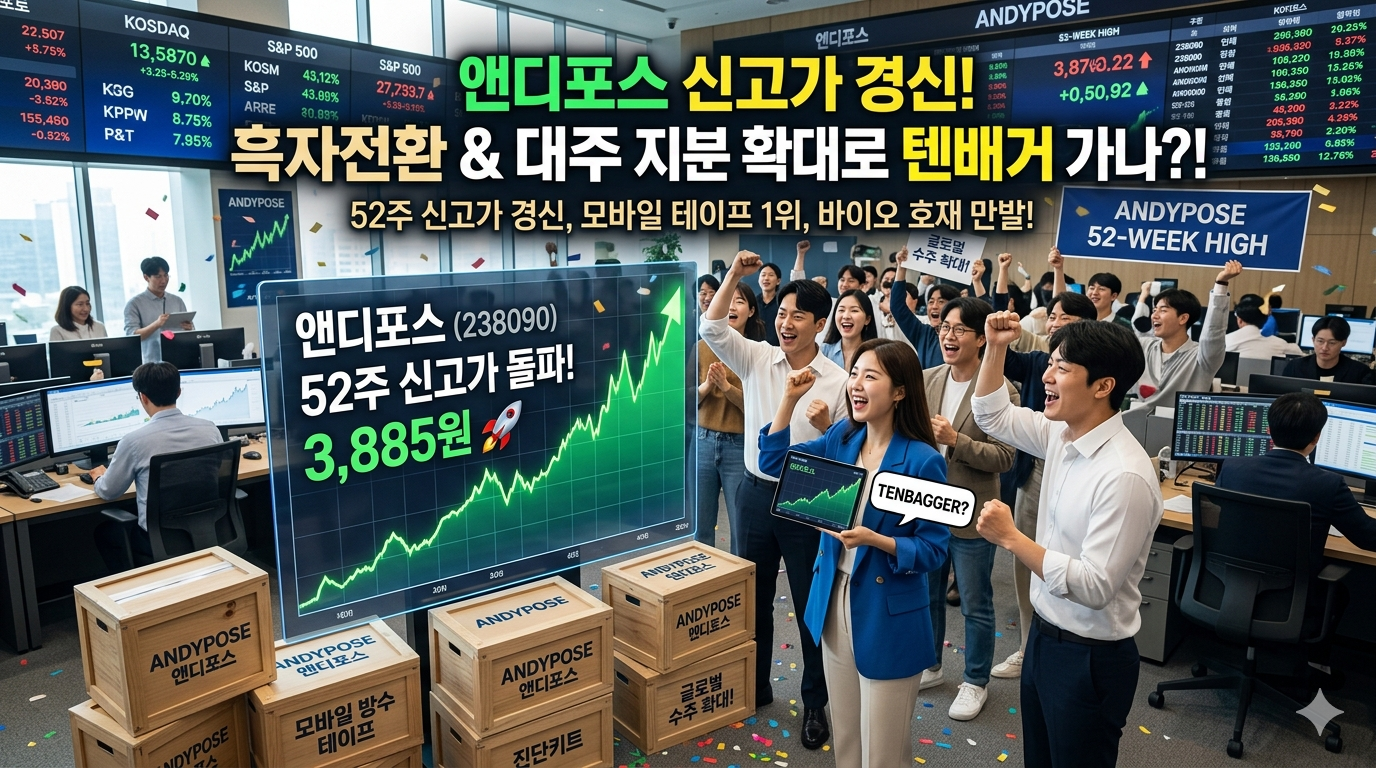 주식 거래소 전광판을 배경으로 앤디포스(238090)의 주가가 3,885원까지 치솟으며 52주 신고가를 경신한 그래프가 크게 표시된 블로그 썸네일. 중앙에는 "앤디포스 신고가 경신! 흑자전환 &amp; 대주주 지분 확대로 텐배거 가나?!"라는 노란색과 흰색의 강조 문구가 적혀 있다. 그래프 앞에는 환호하는 한국인 남녀 투자자들의 모습과 함께 '모바일 방수 테이프', '진단키트'라고 적힌 물류 상자들이 배치되어 회사의 주요 사업과 실적 호조 분위기를 직관적으로 표현하고 있다.