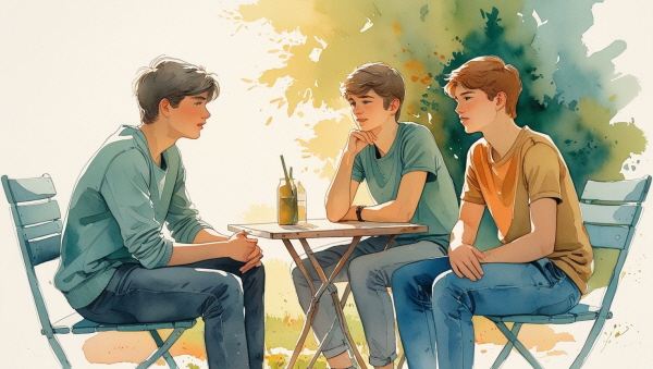 대화 속에서 그들은 다시 활기를 되찾고, 자신의 감정도 서서히 풀어놓기 시작합니다에 관한 그림