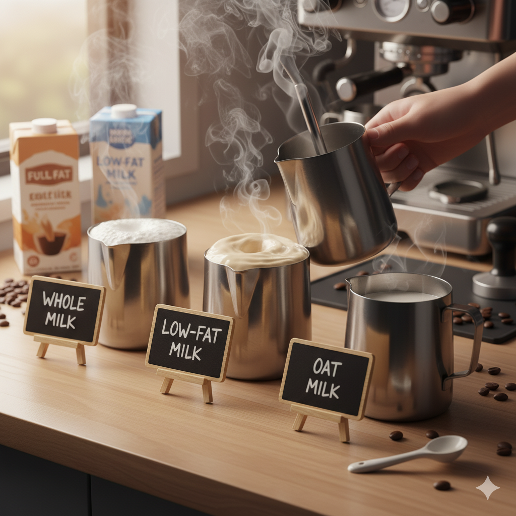 다양한 종류의 우유(일반우유, 저지방우유, 식물성우유)를 비교하며 스팀피처로 거품을 내는 장면(이미지 생성:google)