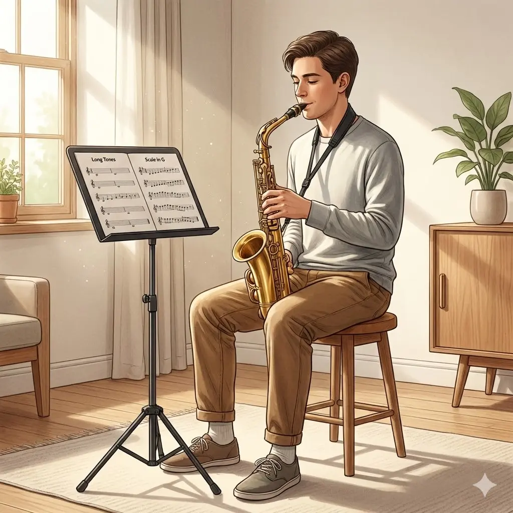창가에서 색소폰 연습을 하는 초보 연주자의 모습