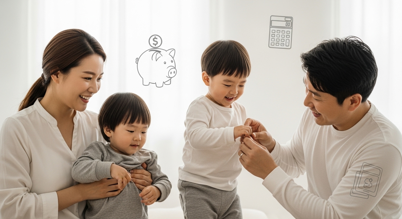 웃고 있는 한국인 부모와 아이들, 비과세 혜택으로 절약하는 행복한 육아 가정 모습.