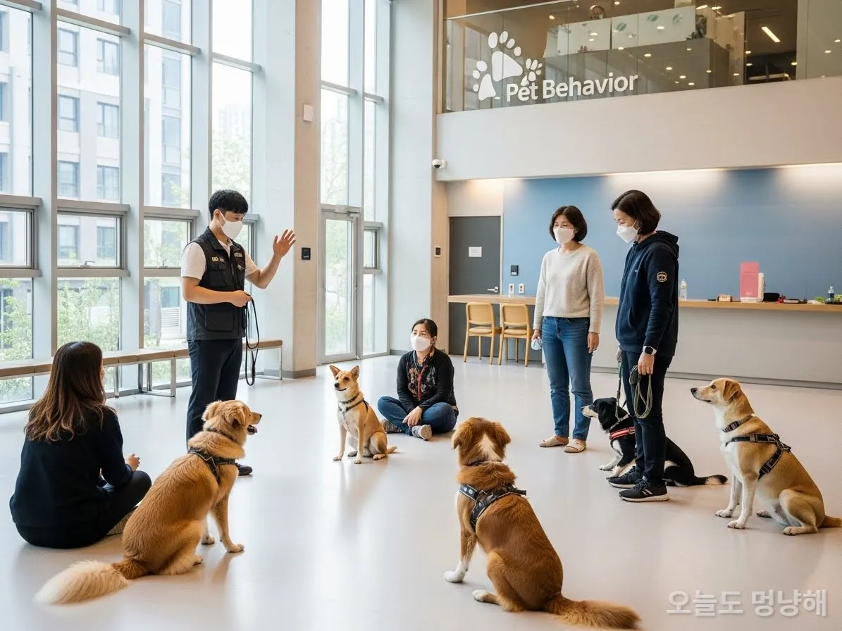 한국의 문화센터에서 반려동물 행동지도사가 여러 반려견과 보호자들을 대상으로 교육을 진행하는 모습