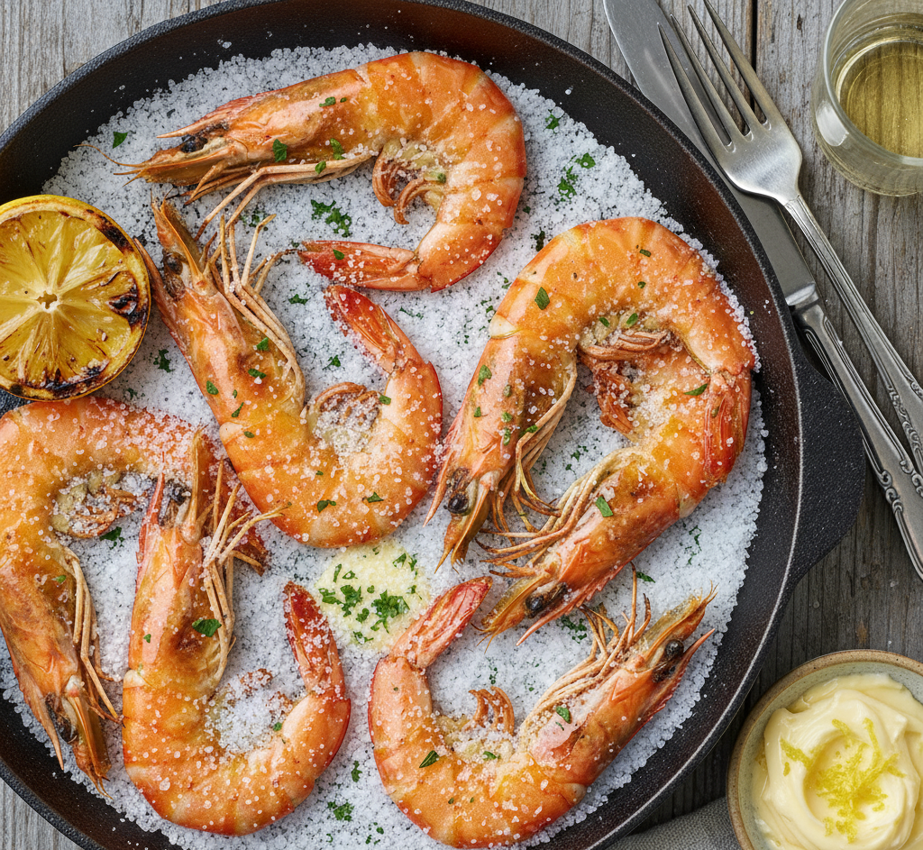 굵은 소금 위에 노릇하게 구워진 대하 소금구이