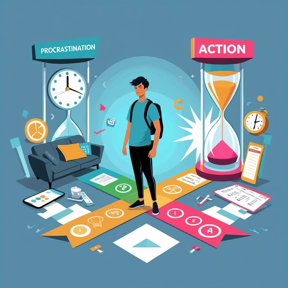 미루기를 극복하기 위해 시간 분배와 계획을 구상하는 학생