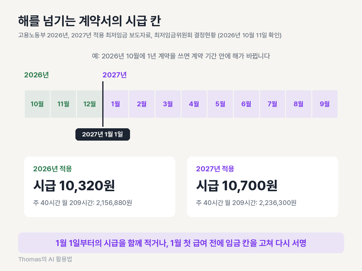 2026년 시급 10,320원과 2027년 1월부터 10,700원이 적용되는 시점을 계약 기간 위에 표시한 달력 도식