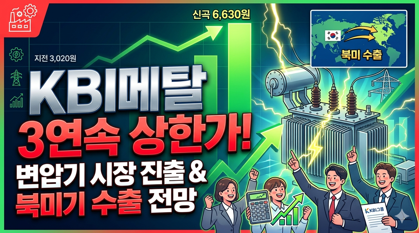 "KBI메탈의 주가 폭등과 변압기 시장 진출을 홍보하는 썸네일 이미지. 상단에는 'KBI메탈 3연속 상한가 폭등'이라는 한글 텍스트와 상승하는 주가 그래프가 배치되어 있다. 중앙에는 전력망 이미지와 함께 거대한 고압 변압기 그래픽이 놓여 있으며, 하단에는 '변압기 시장 진출 / 북미 수출 전망'이라는 파란색 배경의 자막이 명시되어 있다. 전체적으로 전력 인프라 산업의 역동적인 상승 분위기를 시각화했다."