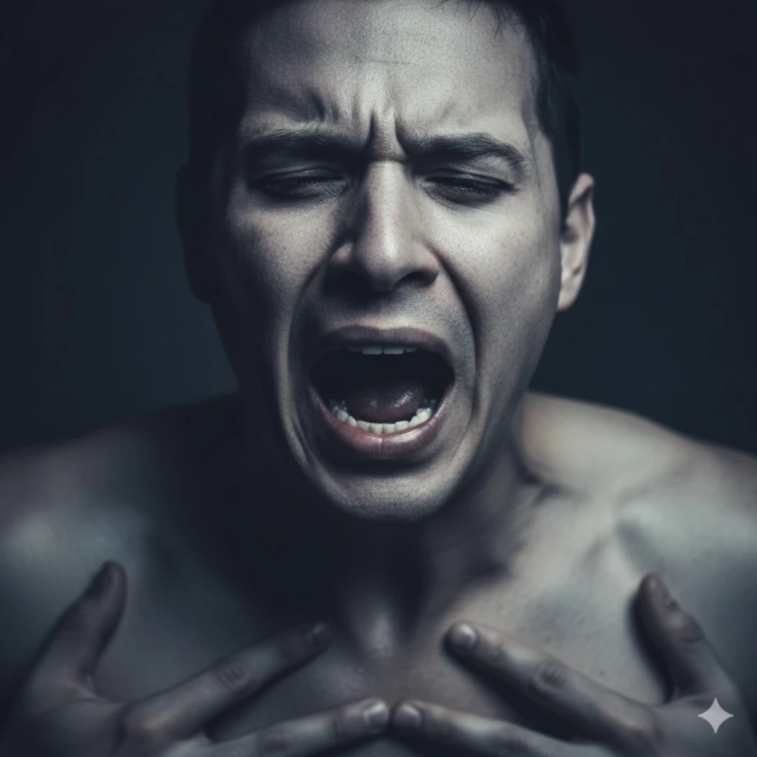 숨쉬기 힘들어하는 사람의 클로즈업 사진입니다. 입을 벌리고 헐떡이는 모습, 콧구멍이 벌어지고 가슴이 위아래로 크게 움직이는 모습을 포착합니다. 배경은 약간 어둡게 하여 긴급하고 답답한 분위기를 조성하고, 답답함을 나타내는 푸른빛 계열의 색상을 은은하게 사용합니다.