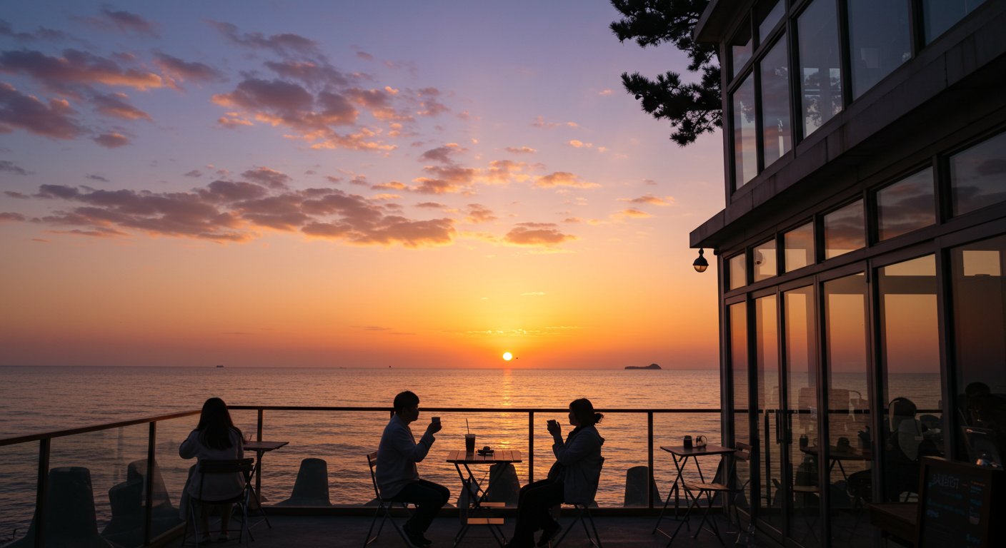강릉 안목해변 카페거리에서 일출 또는 노을을 감상하는 오션뷰 카페 풍경