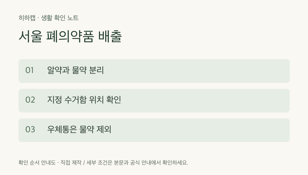 서울 폐의약품 배출 확인 순서: 알약과 물약 분리 &rarr; 지정 수거함 위치 확인 &rarr; 우체통은 물약 제외
