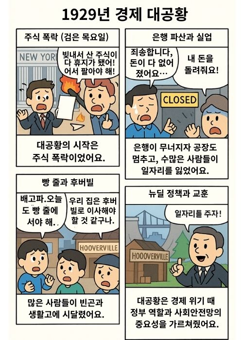1929년 대공황, 주식 폭락으로 시작된 위기, 은행 파산과 실업 대란, 빵 줄과 후버빌 빈곤 생활, 마지막은 루스벨트 뉴딜 정책과 교훈의 4컷 만화
