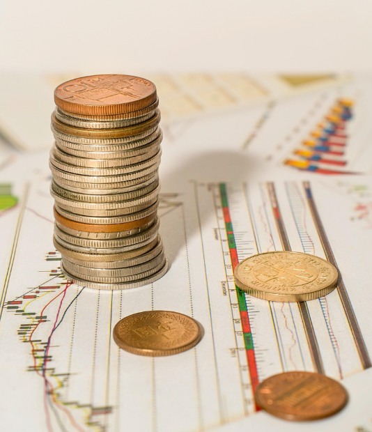 그래프가 그려진 종이 위 동전 탑