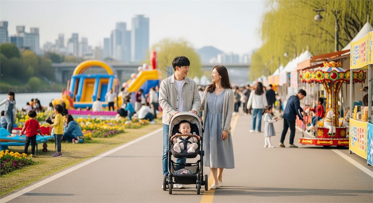 유모차를 끌고 축제 길을 걷는 가족의 봄나들이 사진