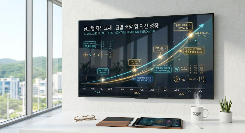 세련된 모던 오피스 데스크 위에 놓인 태블릿 PC 화면에 선명하게 찍힌 2세대 데일리 커버드콜 연금저축·IRP 복리 재투자 시뮬레이션