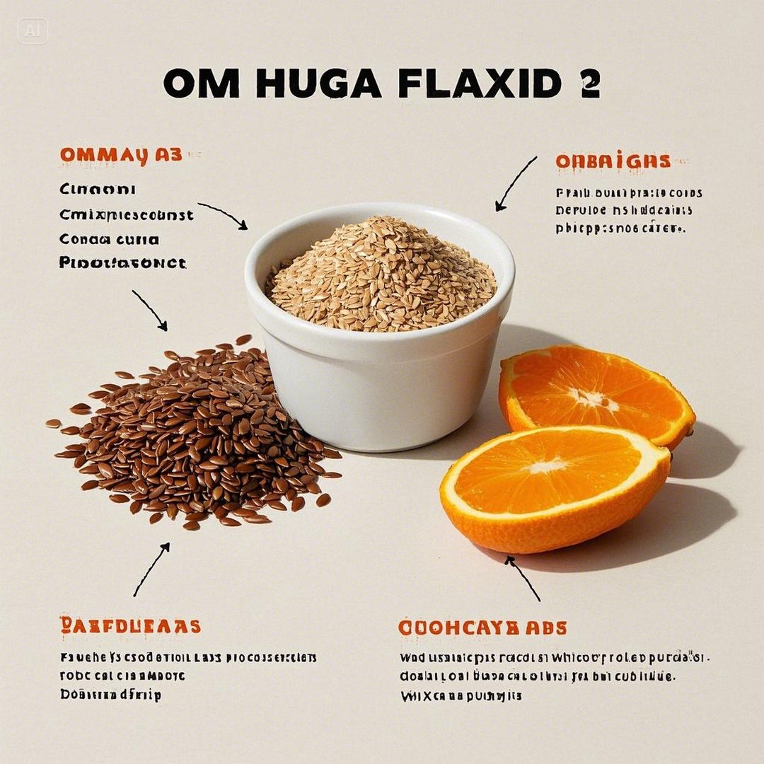 분쇄된 아마씨와 통아마씨가 나란히 놓여있는 모습. 옆에는 오메가-3 지방산이 풍부한 식품들과 아마씨의 영양 성분표가 표시되어 있다.