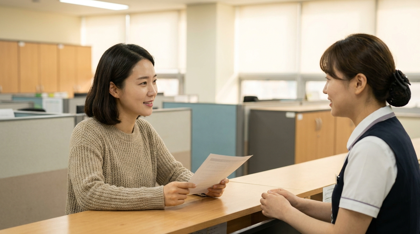 보건소 창구에서 상담받는 보호자