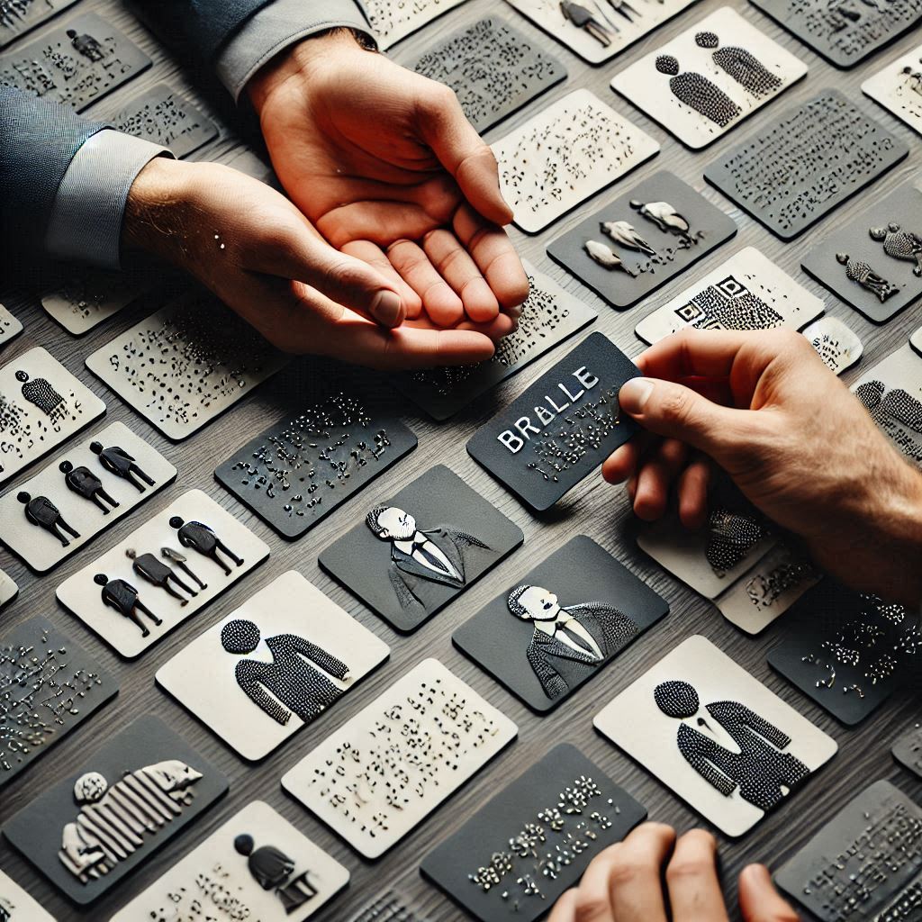 다양한 디자인의 점자명함들이 테이블 위에 펼쳐져 있고, 시각장애인과 비장애인이 함께 명함을 교환하며 대화를 나누는 모습