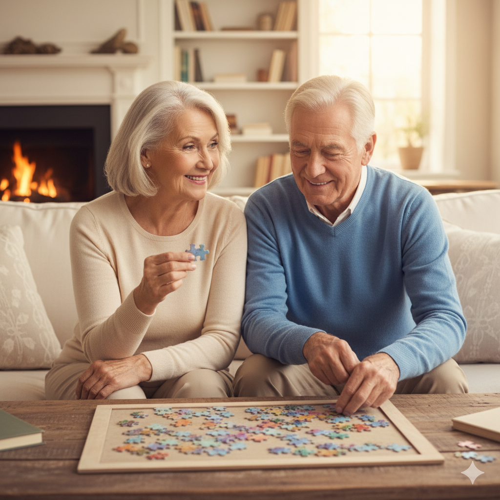 거실에서 퍼즐을 맞추며 환하게 웃는 건강한 노부부의 행복한 모습
