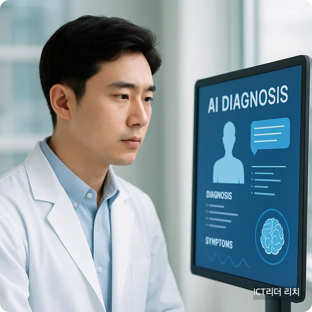 AI 진단 화면을 바라보며 분석하는 젊은 남성 의료인