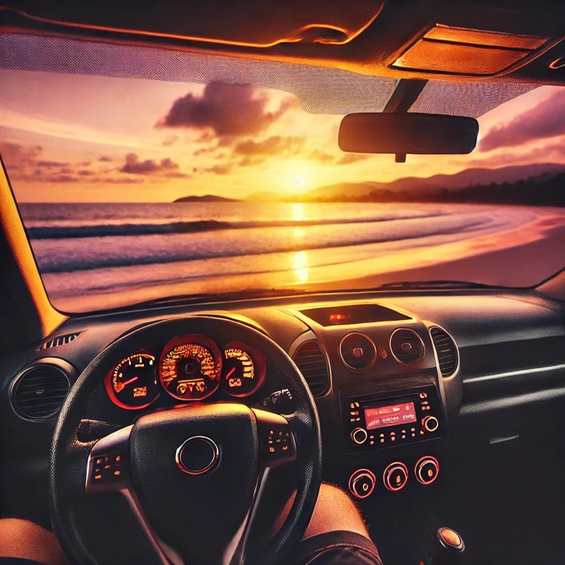 A scenic view of a sunset over a beach as seen from inside a car, 차량 내부에서 본 노을