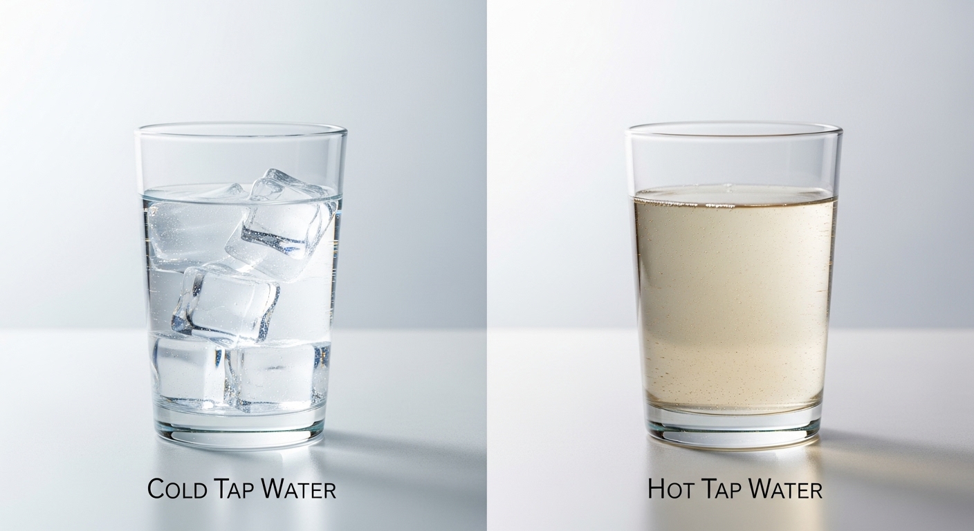 투명한 찬 수돗물과 약간 탁한 뜨거운 수돗물을 비교하는 이미지. 물의 오염도 차이를 시각적으로 보여줍니다.