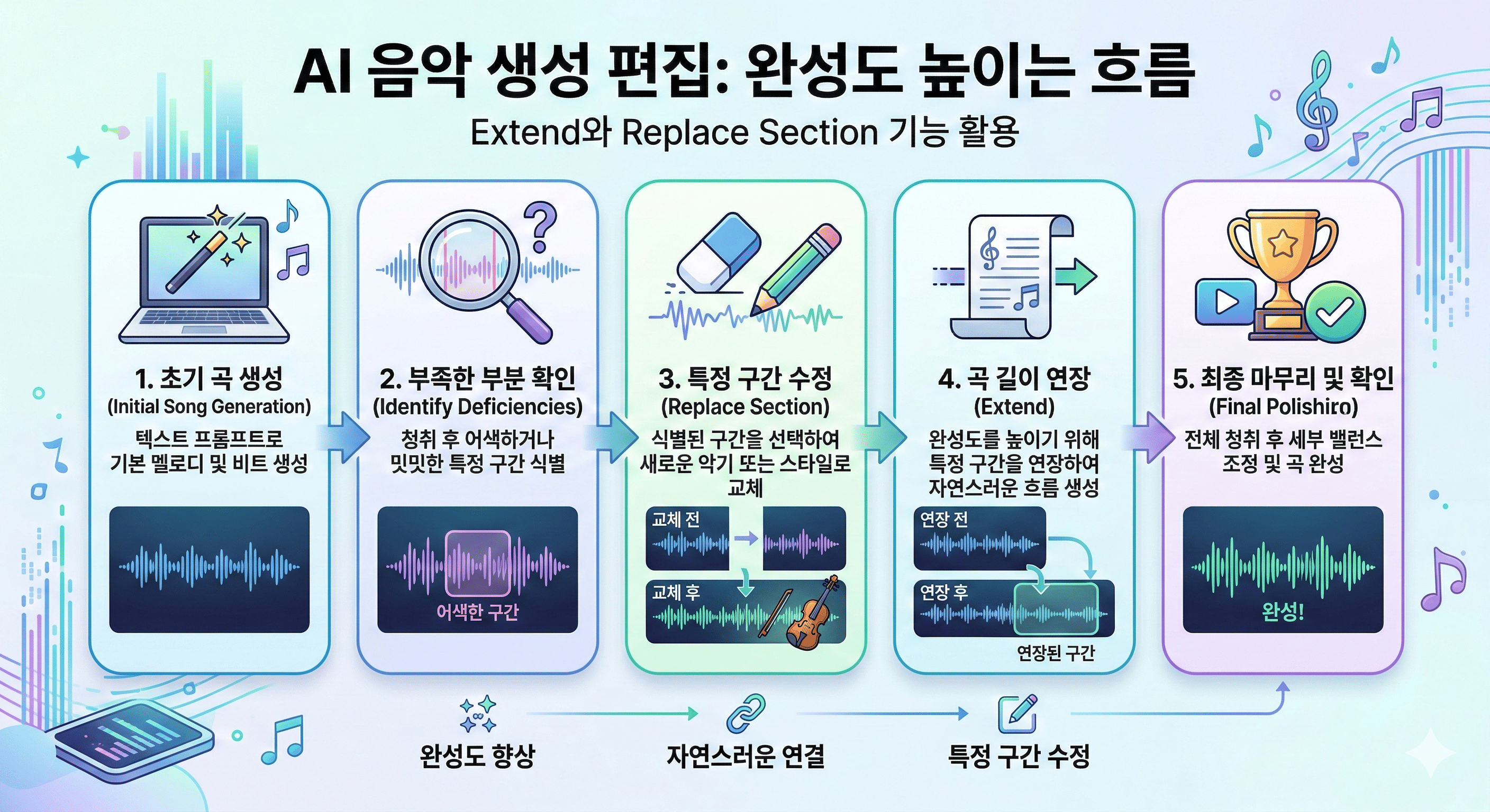 AI 음악 생성에서 Extend와 Replace Section 같은 편집 기능으로 특정 구간만 수정해 완성도를 높이는 흐름
