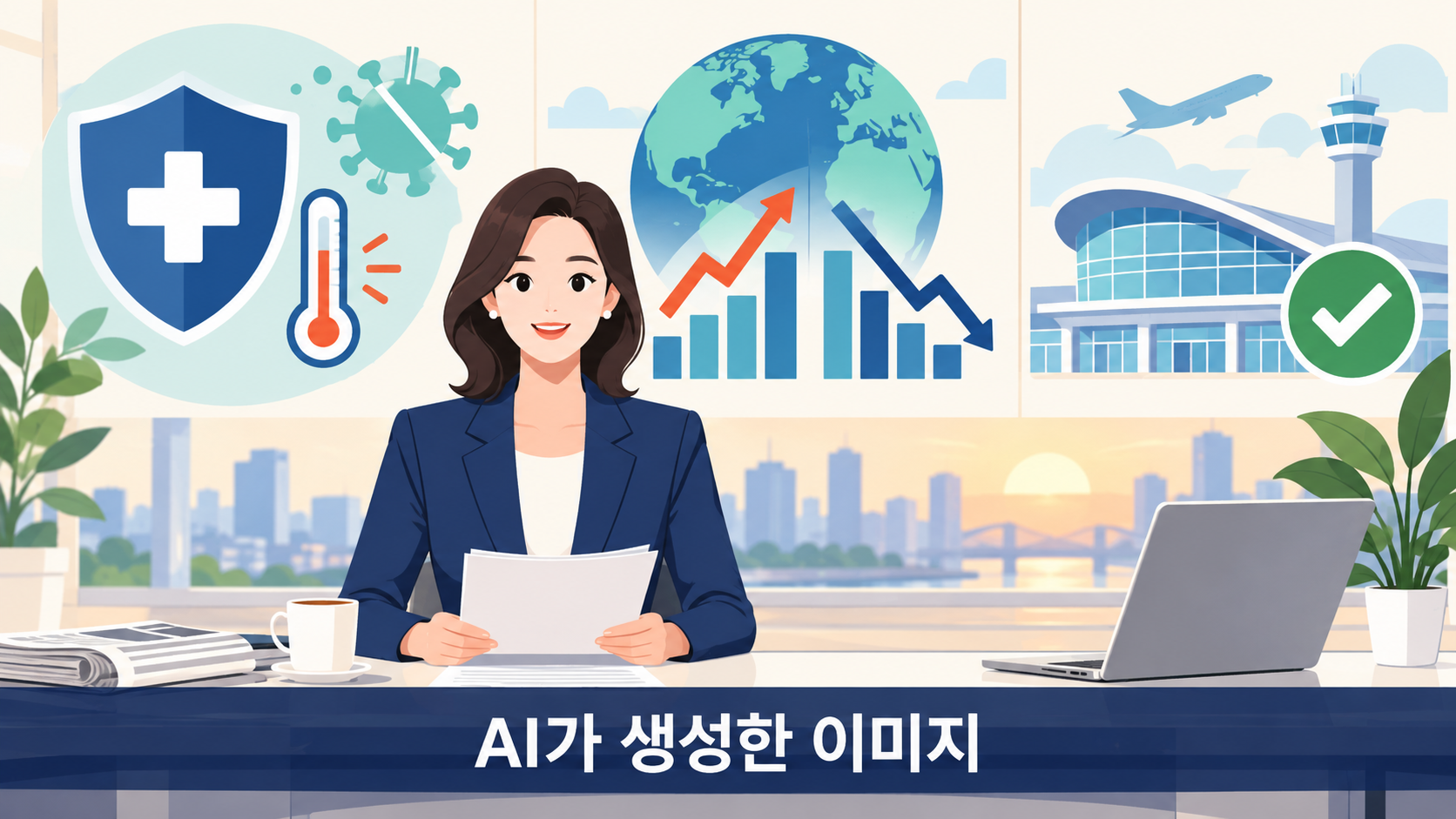 독감 예방, 물가 그래프, 공항 안전을 상징하는 아침 뉴스 개념 일러스트