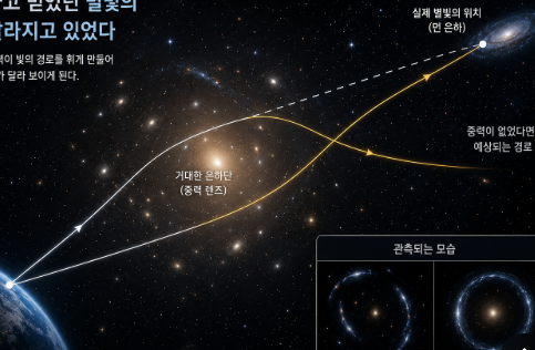 중력렌즈 현상으로 거대한 은하 주변에서 별빛 경로가 휘어진 장면