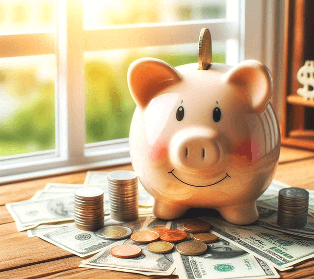 창가 선반에 분홍색 돼지 저금통이 있다. 주변엔 지폐들과 동전이 가득하고 금화 한 개가 저금통 입구 속으로 들어간다.