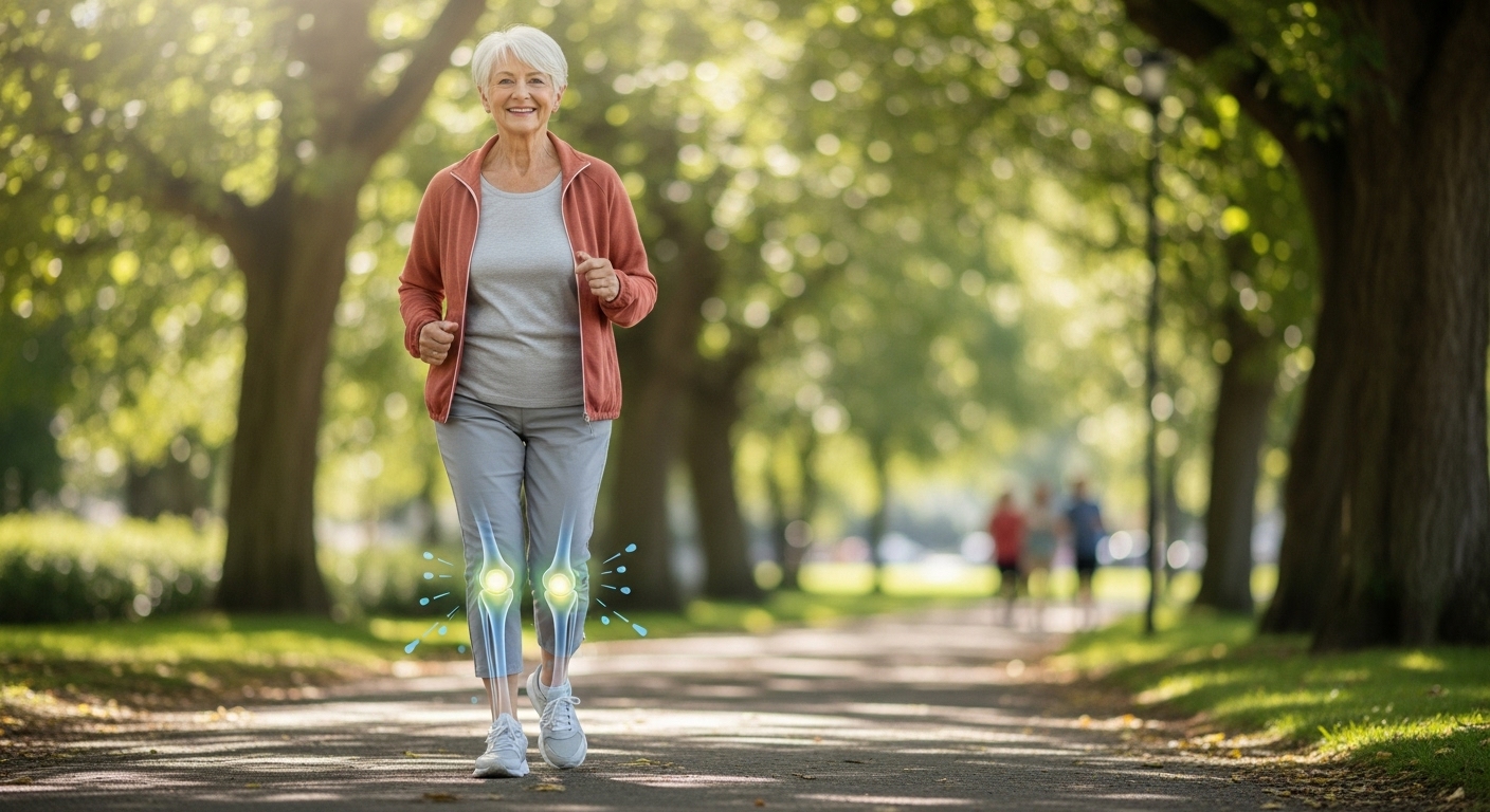 공원에서 활기차게 걷는 건강한 노인의 모습. 유연한 관절 움직임을 강조하여 관절 건강을 상징합니다.
