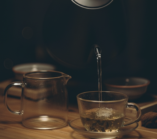 유리 찻잔과 공도배. 찻잔속에는 찻잎이 있다. 검은색 드립포트로 뜨거운 물을 붓는 중