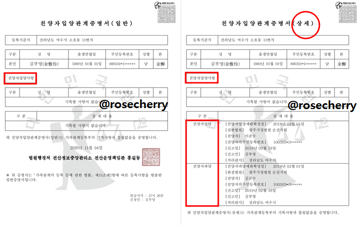 친양자입양관계증명서-일반-상세-차이점